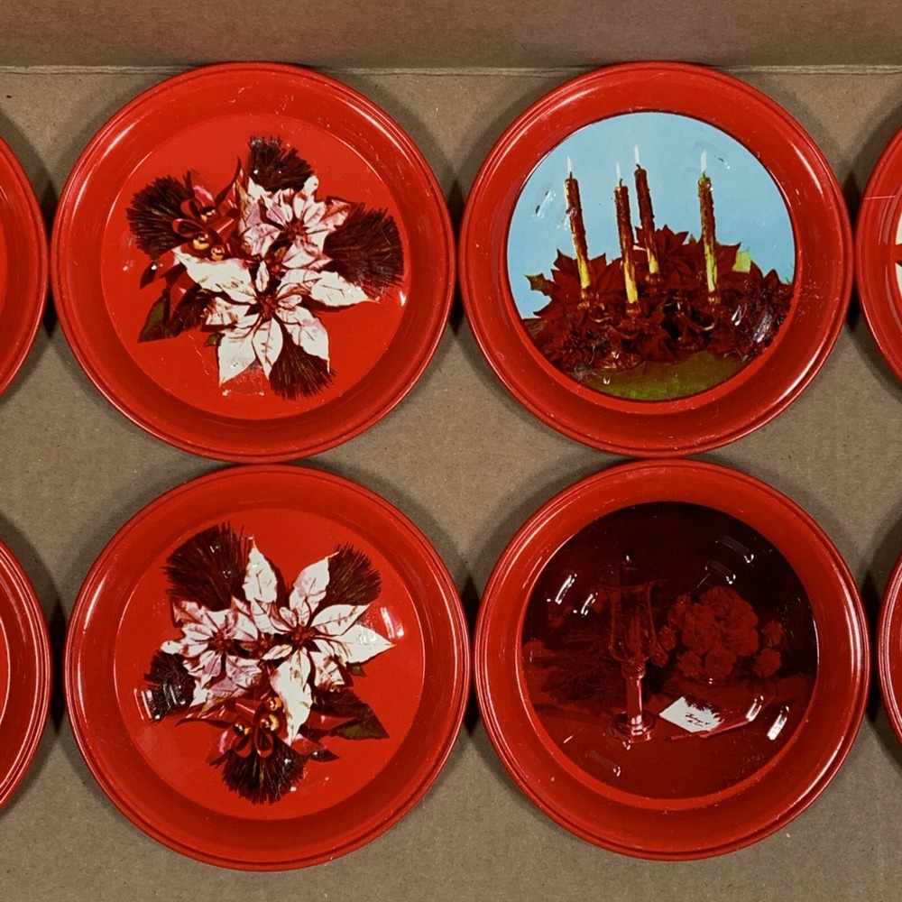 Vintage Christmas Coasters Set of 8 Red Holiday Poinsettia Candle Decor 1970s - Picture 3 of 11